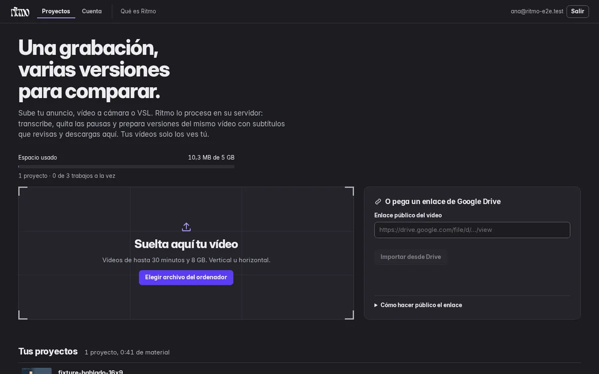 Inicio de la aplicación Ritmo con la zona para subir un vídeo, el espacio usado de la cuenta y la lista de proyectos.