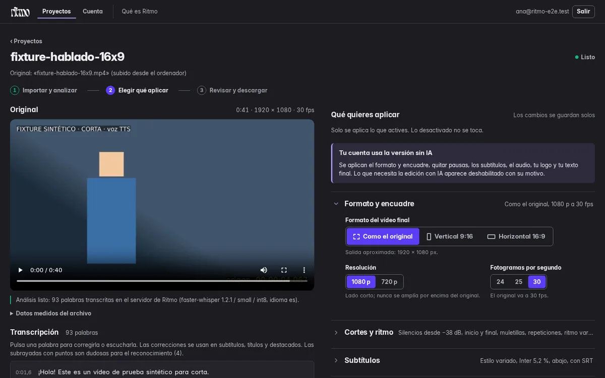 Proyecto en Ritmo con el vídeo analizado, la transcripción y las opciones de formato y subtítulos.
