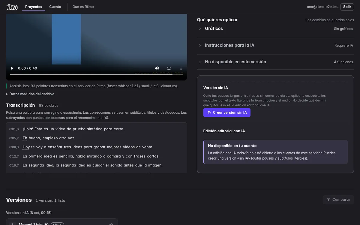 Versión terminada en Ritmo con el reproductor, los cortes aplicados y el botón de descarga.